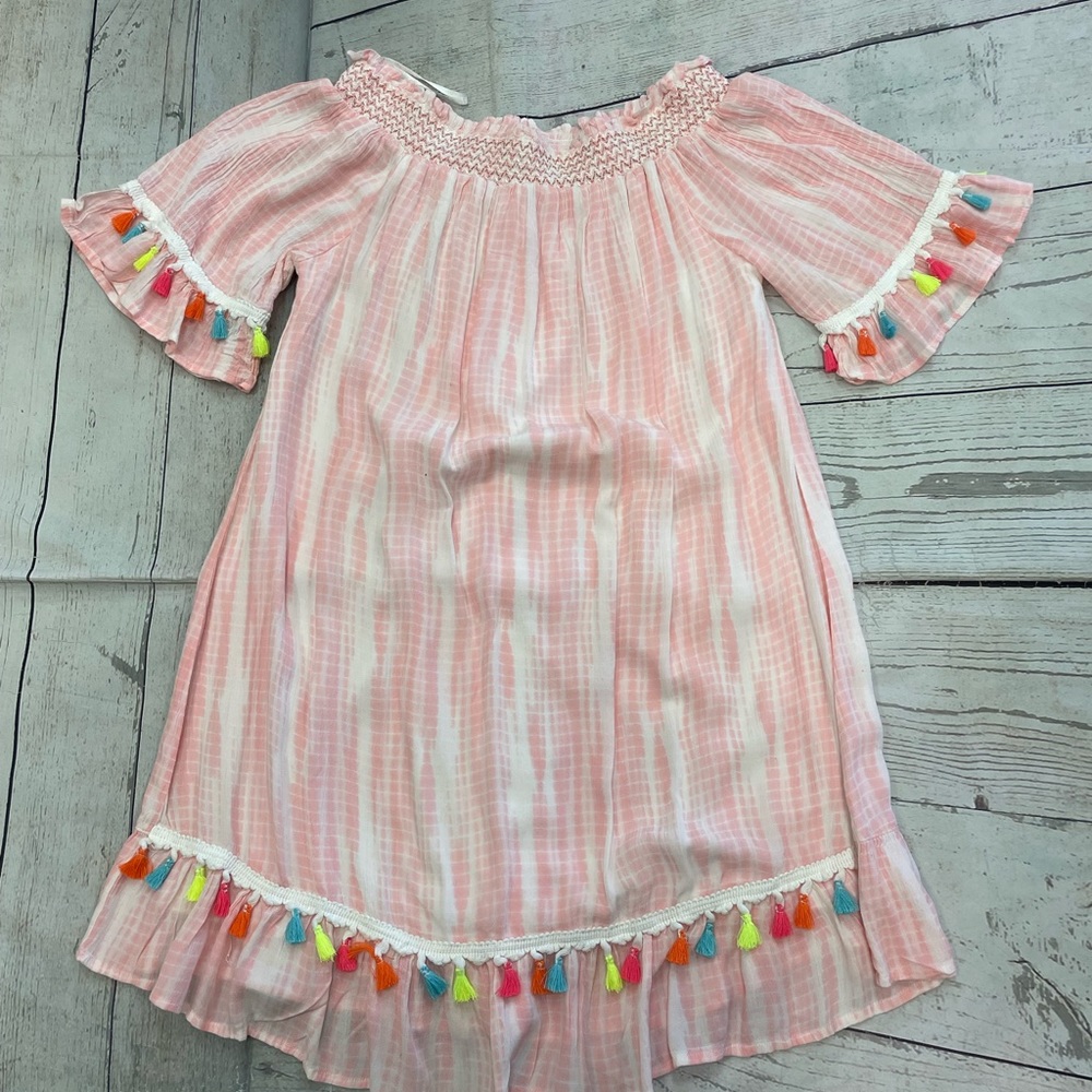 COPY - Dizzylissy light pink white mini off the shoulder dress has tassels size…